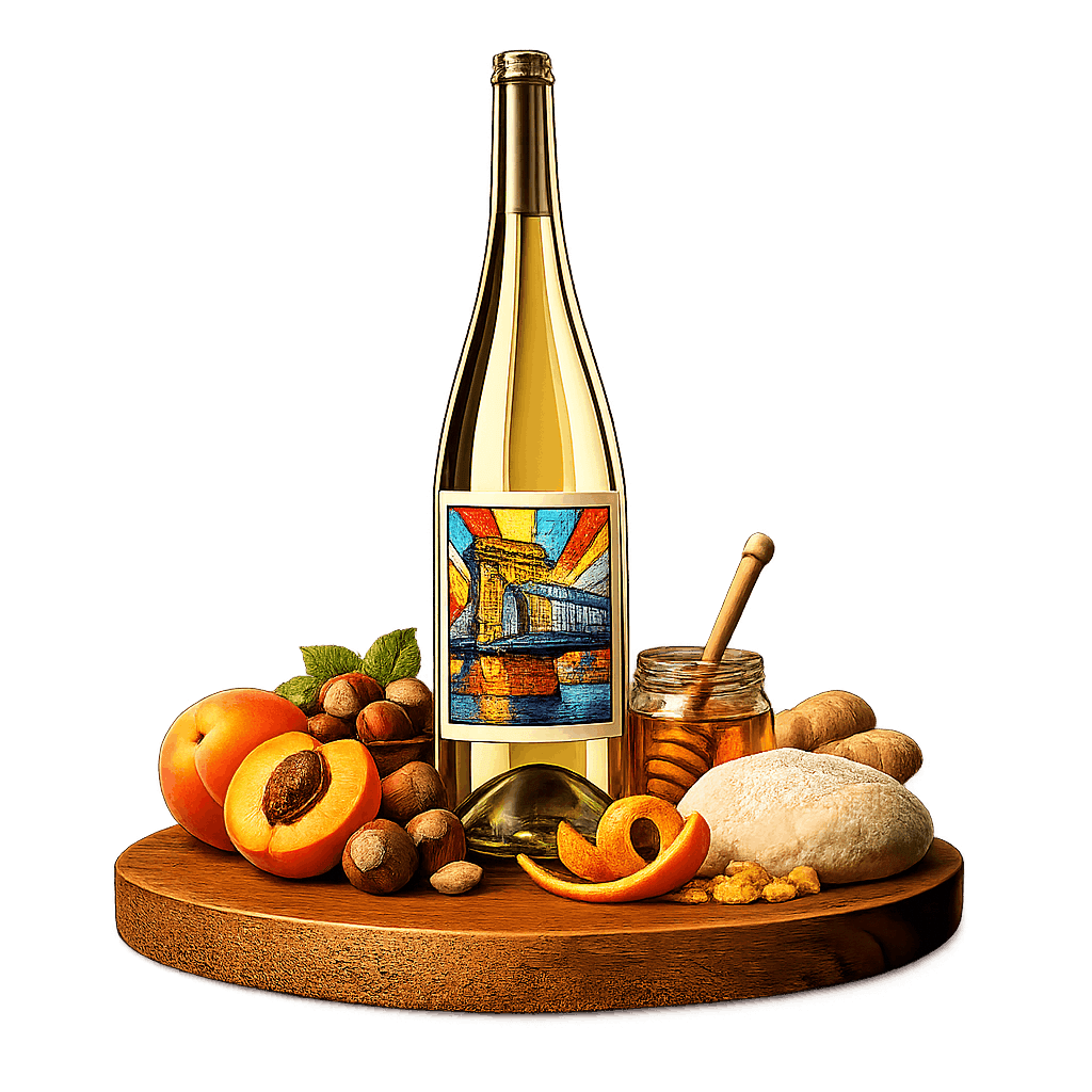 Artistic label and flavor profile for Hungarian Tokaji Szamorodni on a rustic wooden table.