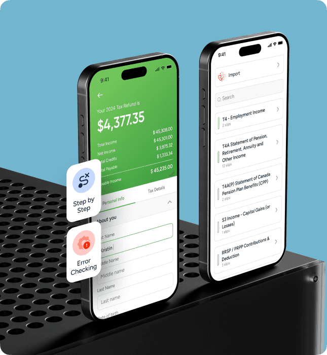 Dual mobile phone screens showing seamless tax filing integration: left displays $4,377 refund calculation with step-by-step guidance and error checking, right shows complete T4 form selection for CRA submission