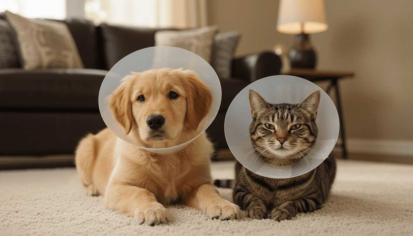 Owner with pets in the living room with fireworks glow