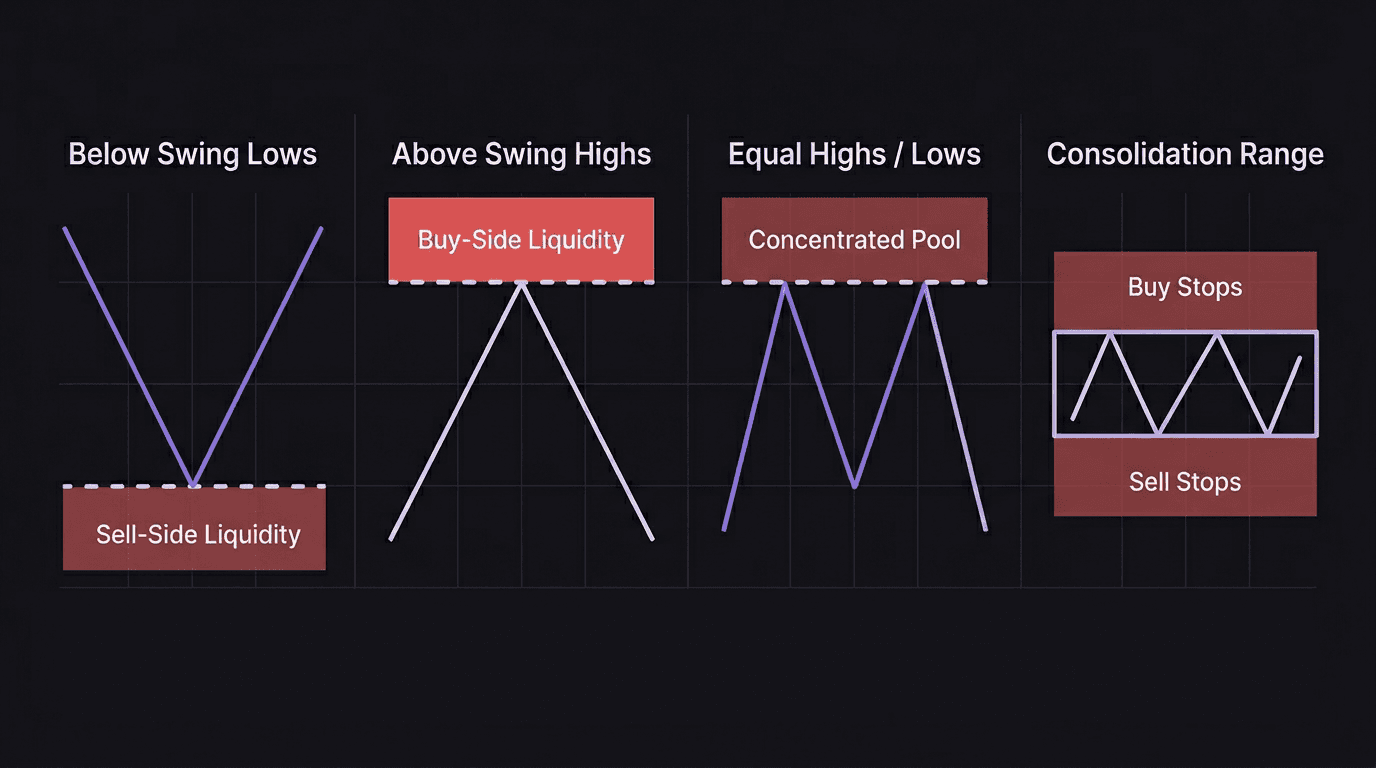 Diagram showing four locations where liquidity pools form on a price chart