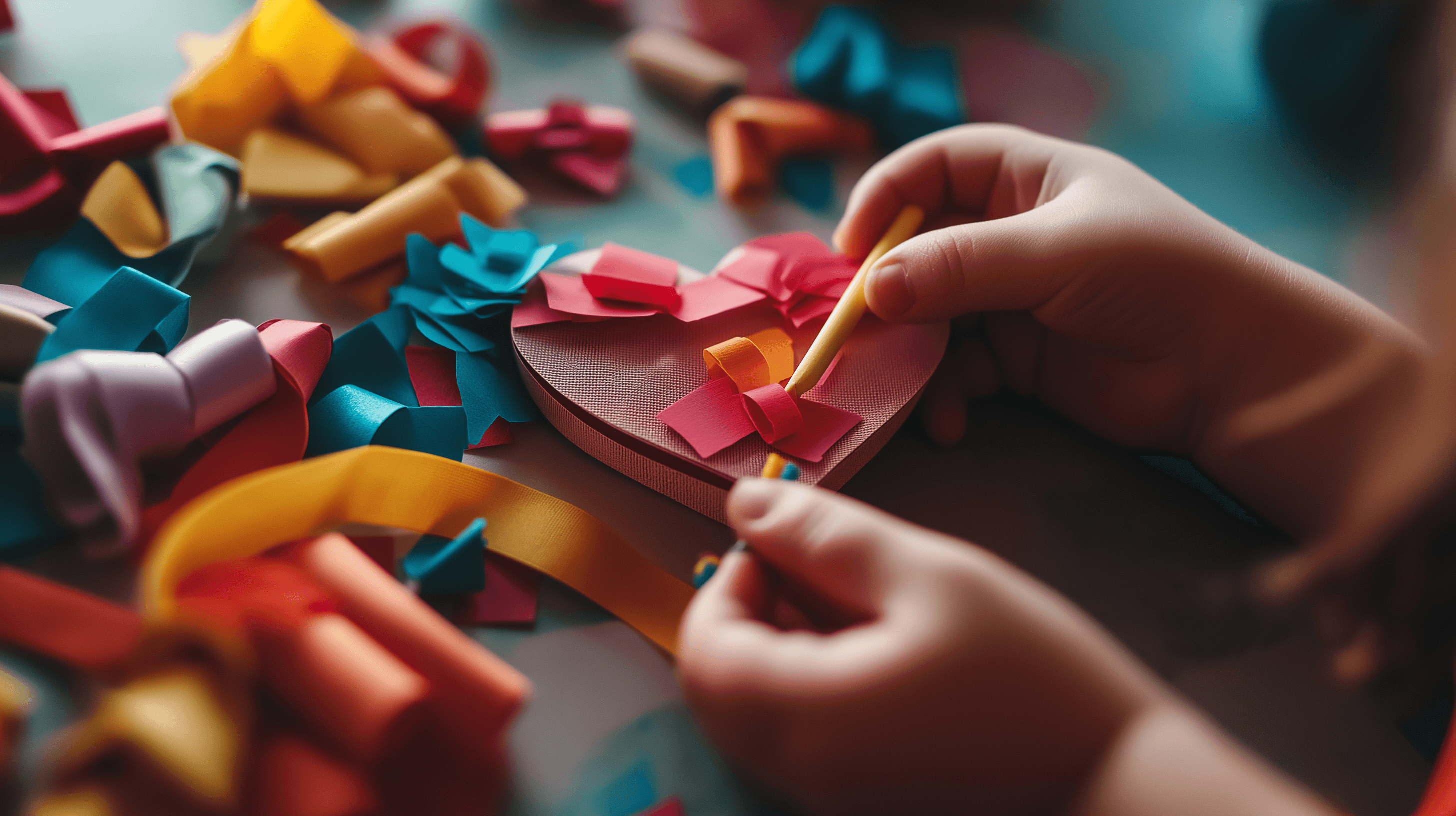 Toddler hands gluing colorful paper hearts with ribbon.