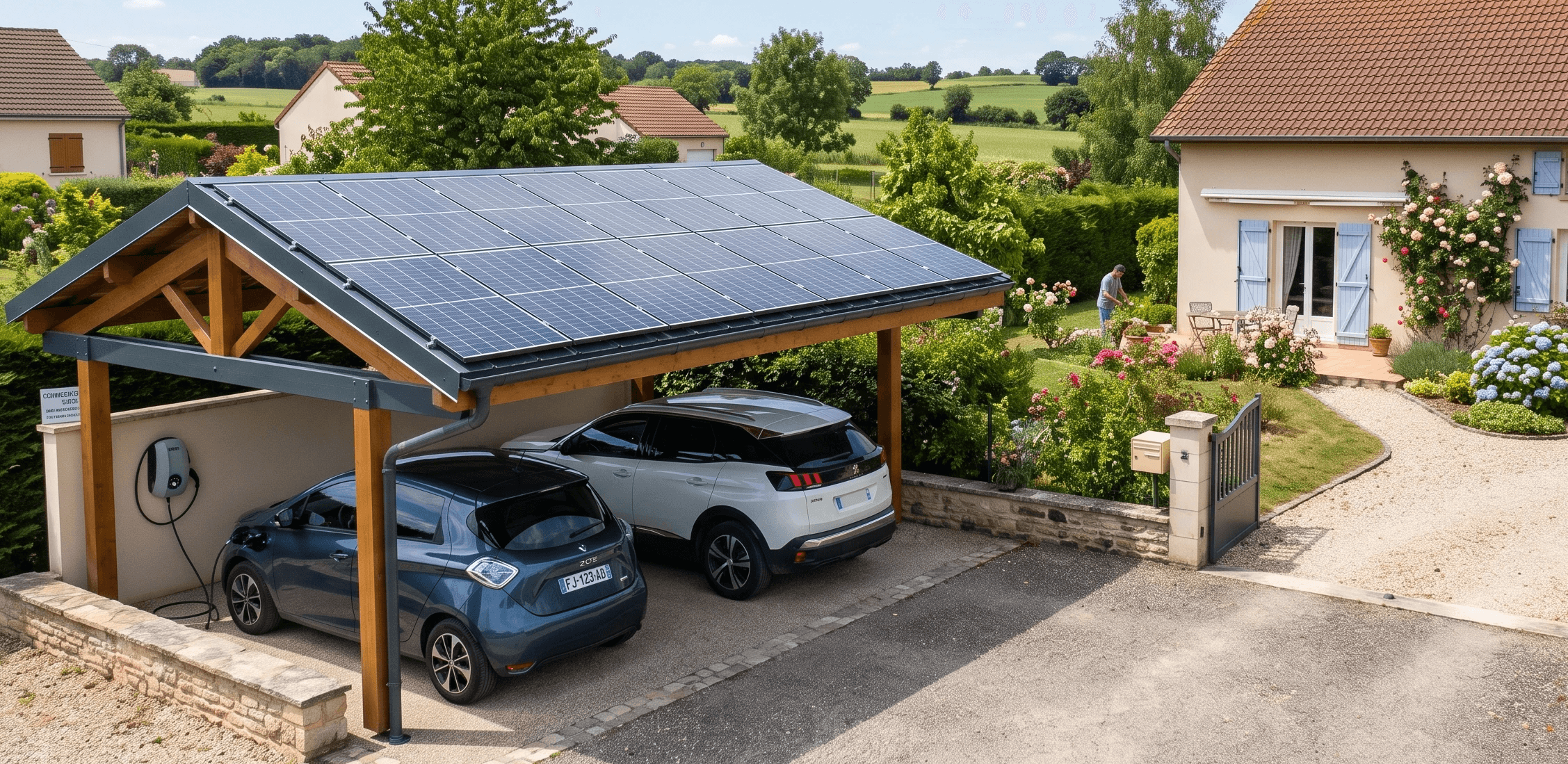 Carport solaire avec panneaux photovoltaïques au-dessus d'un véhicule