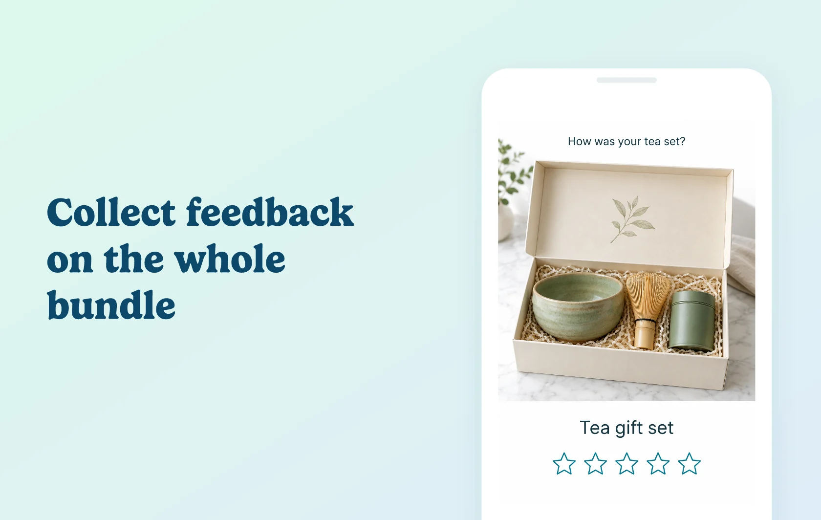 Judge.me and Simple Bundles & Kits integration: illustration of a review request for a complete tea gift set, showing all bundle items together inside a phone.