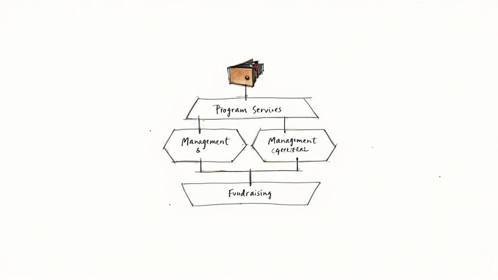 Hand-drawn organizational chart showing program services, management, and fundraising functional expense categories