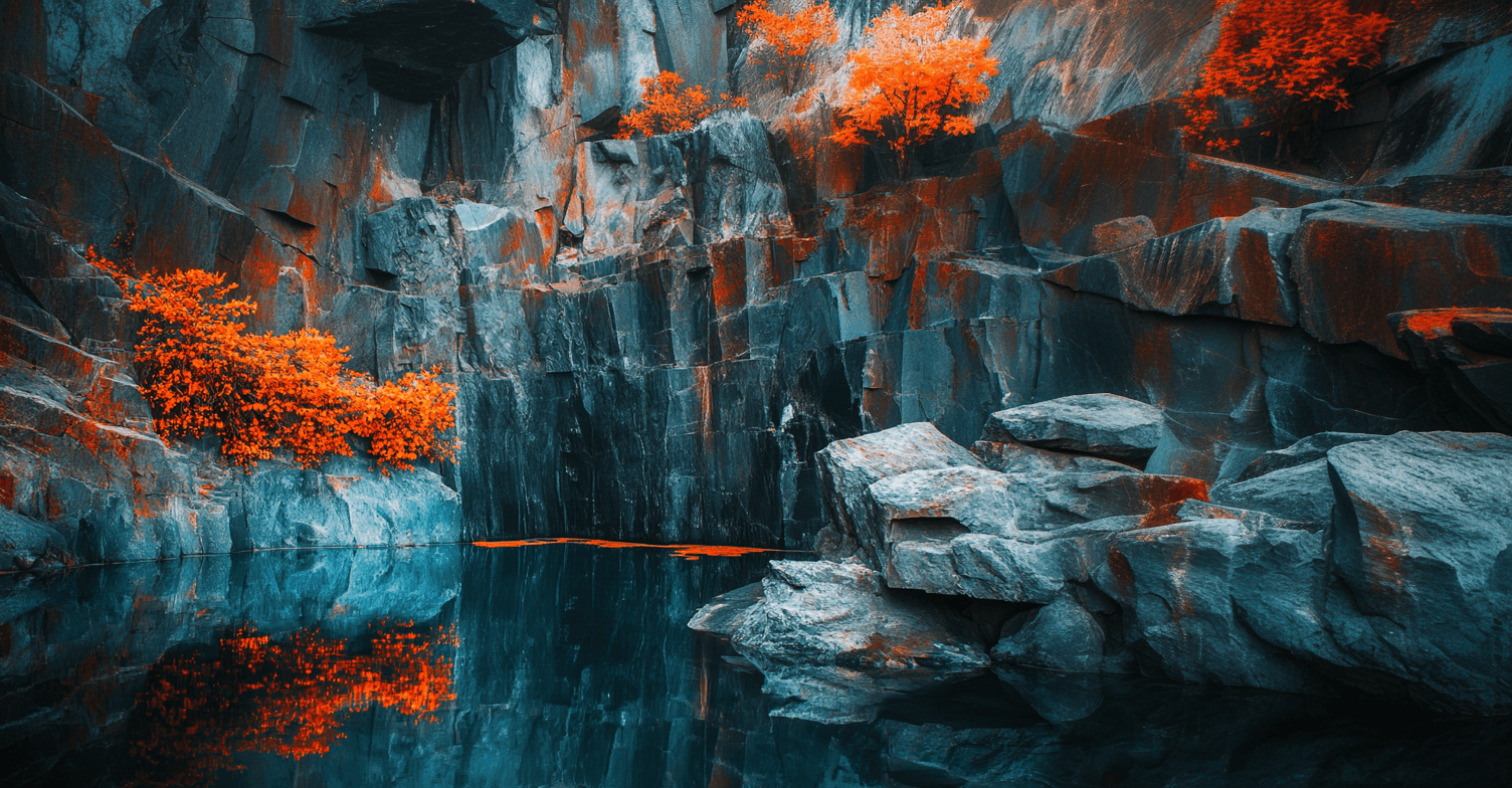 Peaceful natural pond inside quarry, dark gray and blue with orange vegetatio highlights