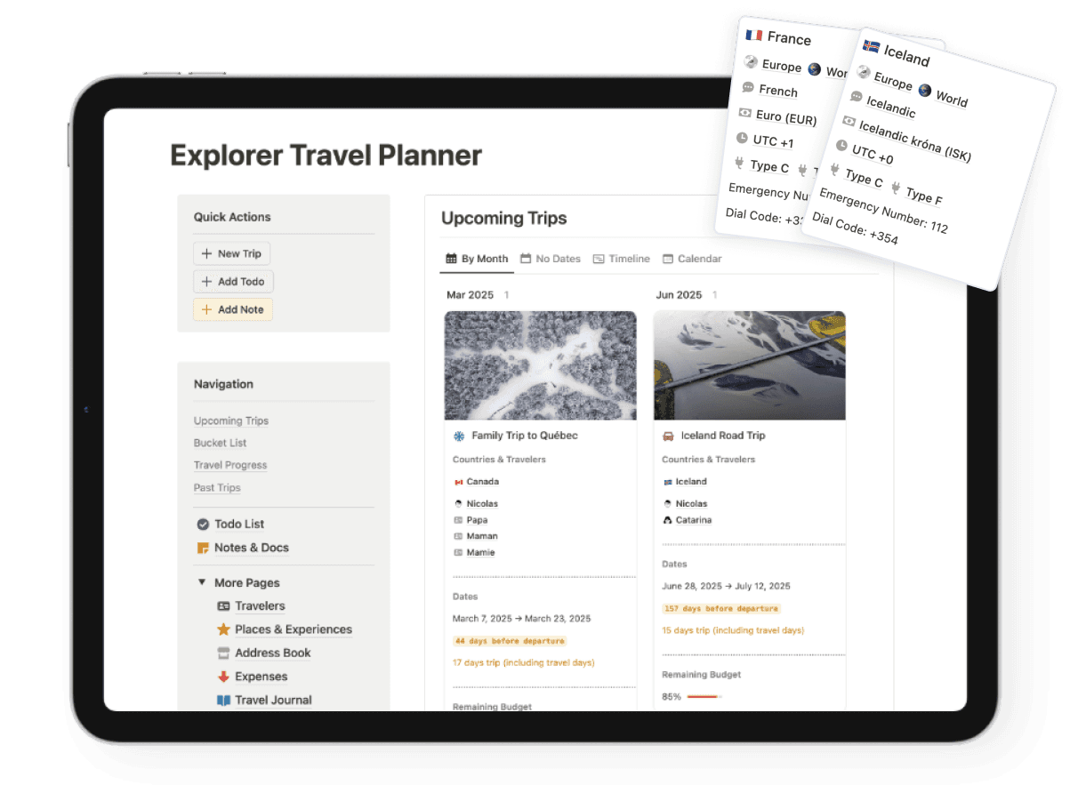 An iPad showing the Premium version of the Explorer Travel Dashboard and two country cards showing details about them
