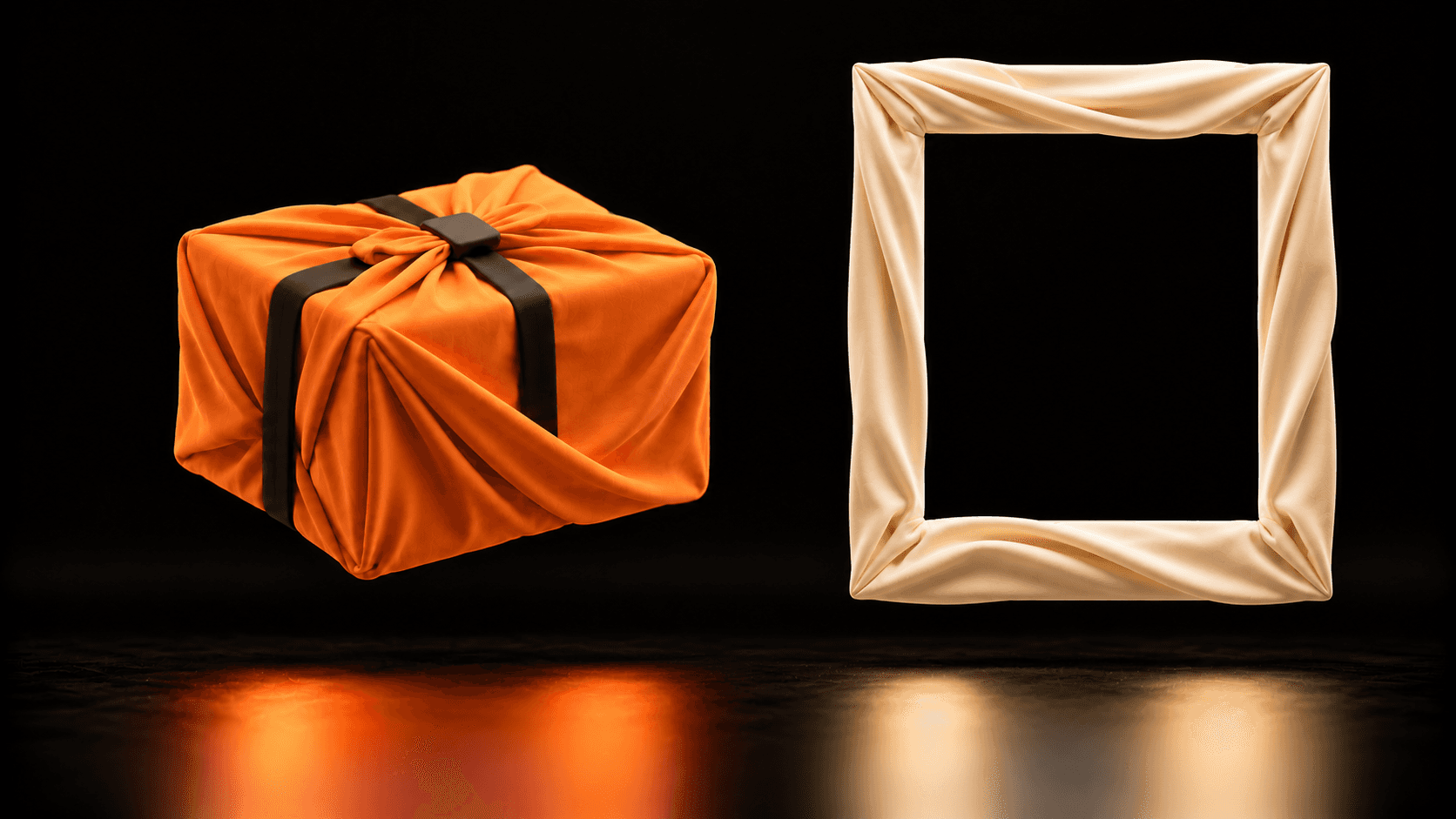 A separate orange cloth parcel and cream rectangular frame representing a deliverable with clear scope