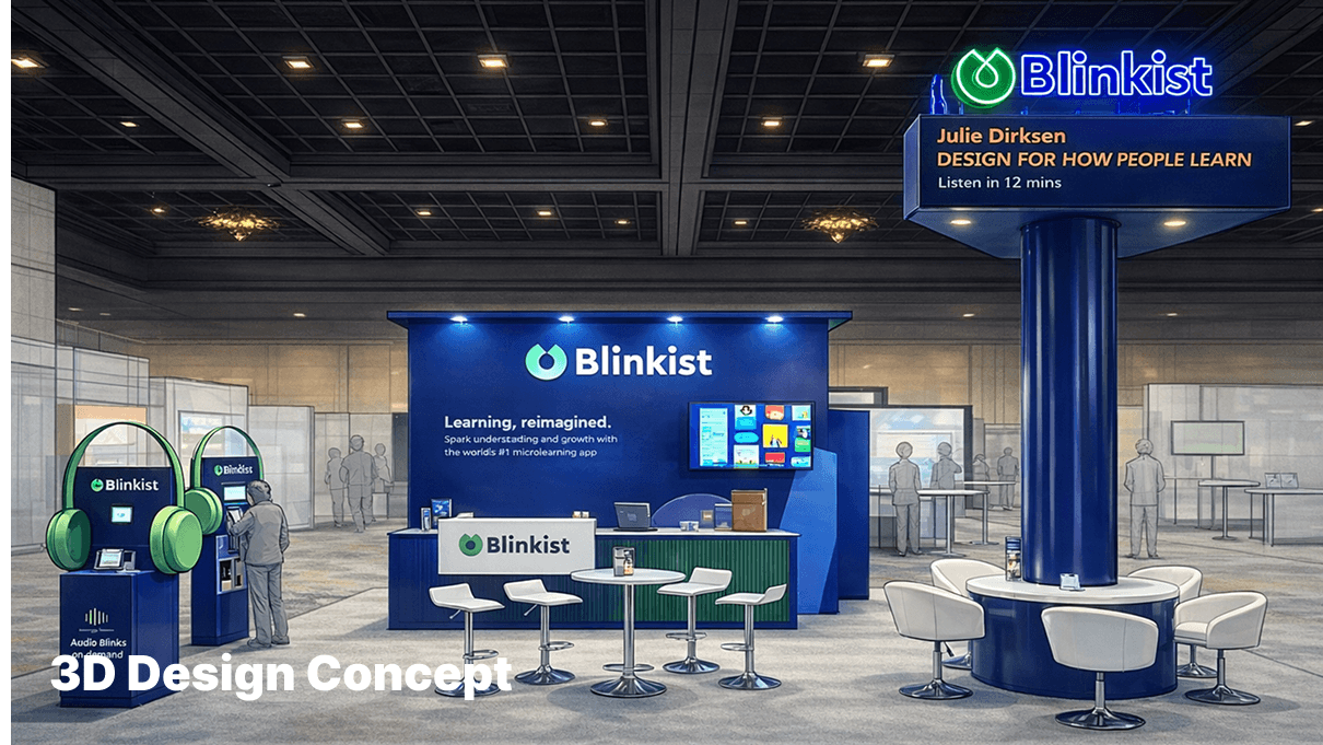 3D design rendering of Blinkist trade show booth featuring branded back wall, interactive audio demo stations, reception counter, seating area, and overhead signage concept