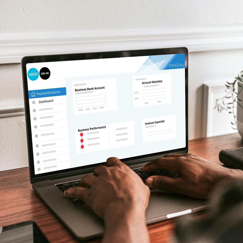 Laptop displaying Xero accounting software with PaymentEvolution integration showing payroll navigation menu