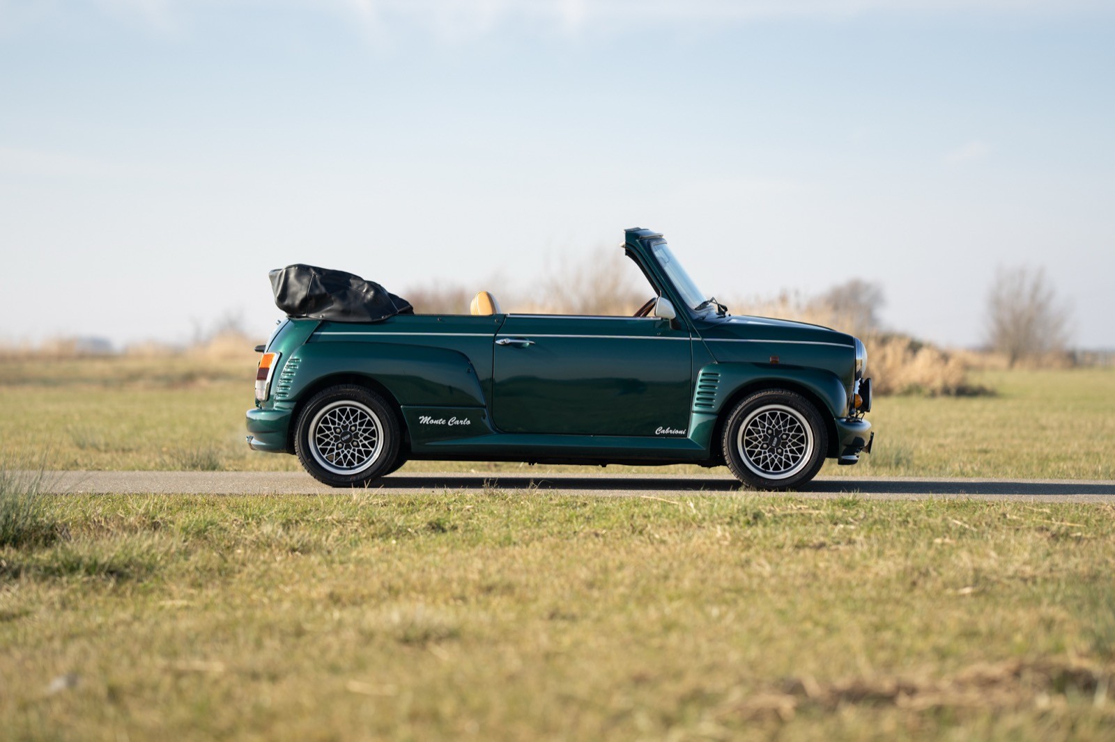 A teal convertible car parked on an open grassy field under a clear sky.