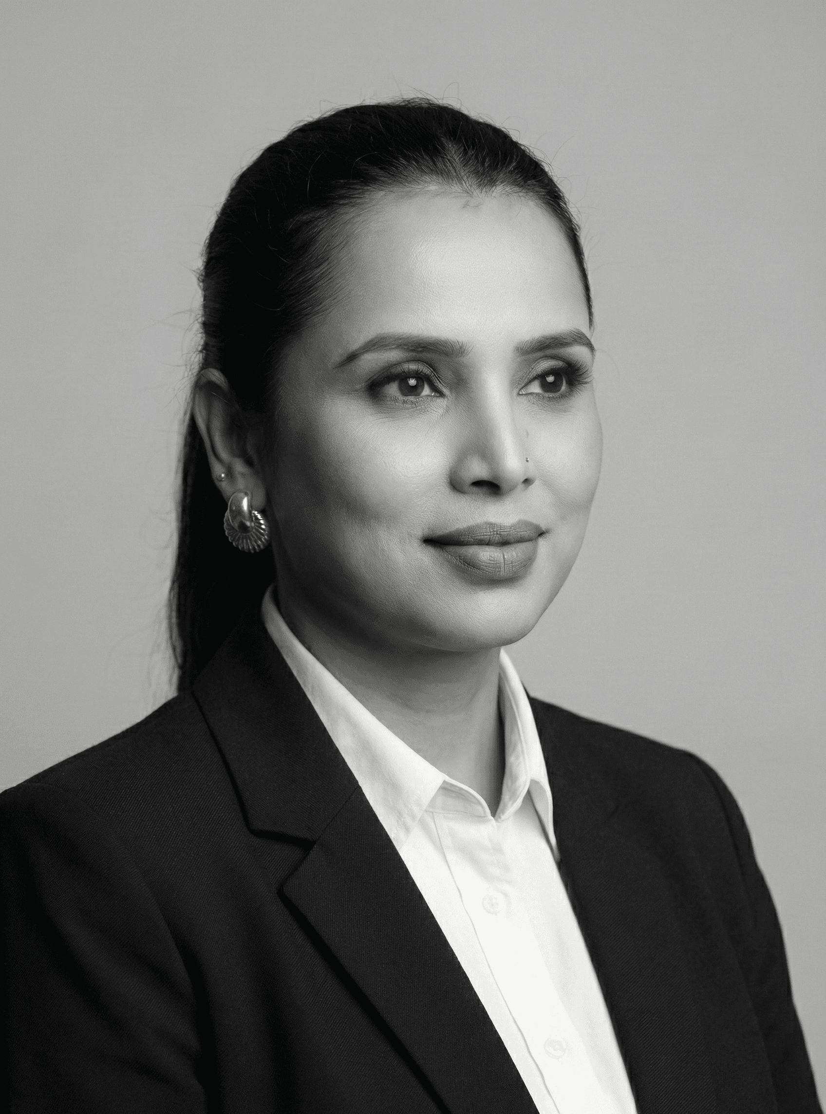Portrait of a woman with long, smooth hair swept to the side, in a dark t-shirt, on a plain background.