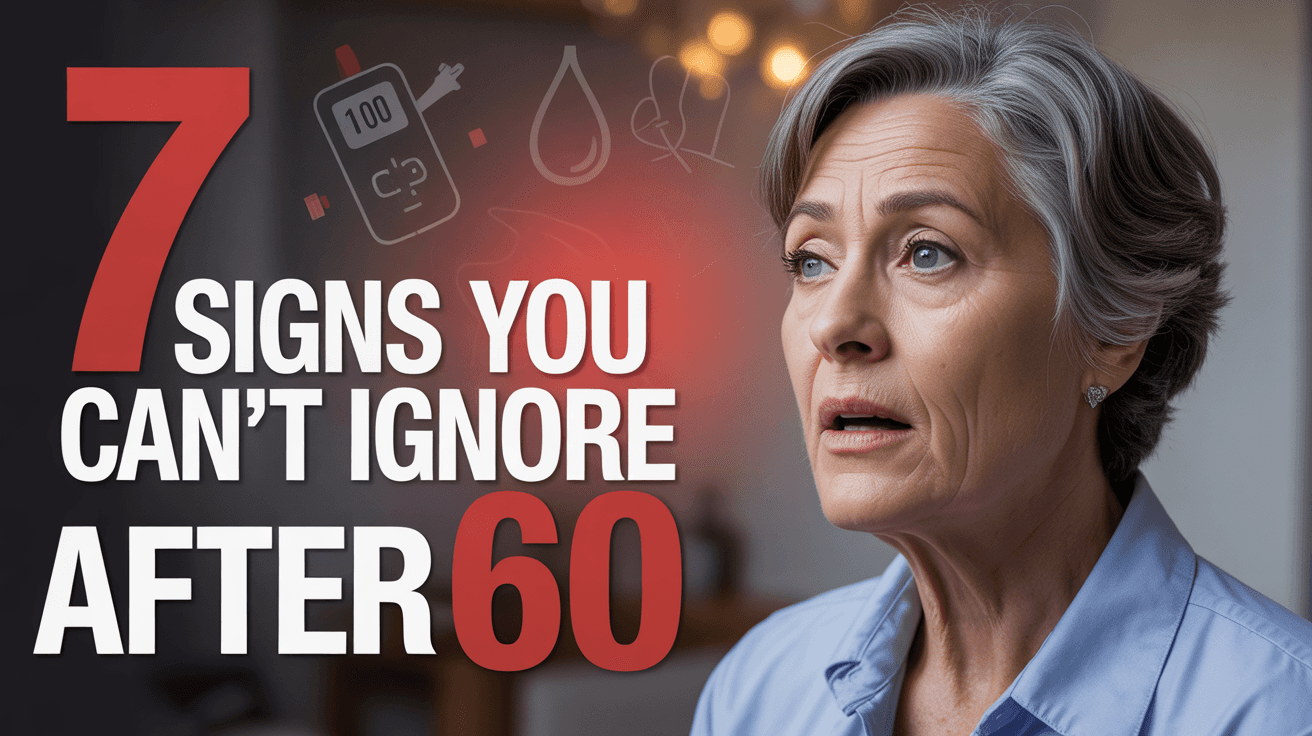 Alert older woman beside 7 Signs You Can't Ignore After 60 text with medical icons