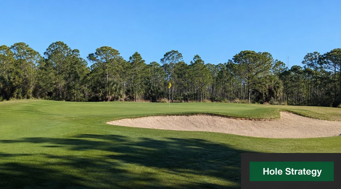 A wide view of a golf green with a sand bunker at Old Corkscrew Golf Course.