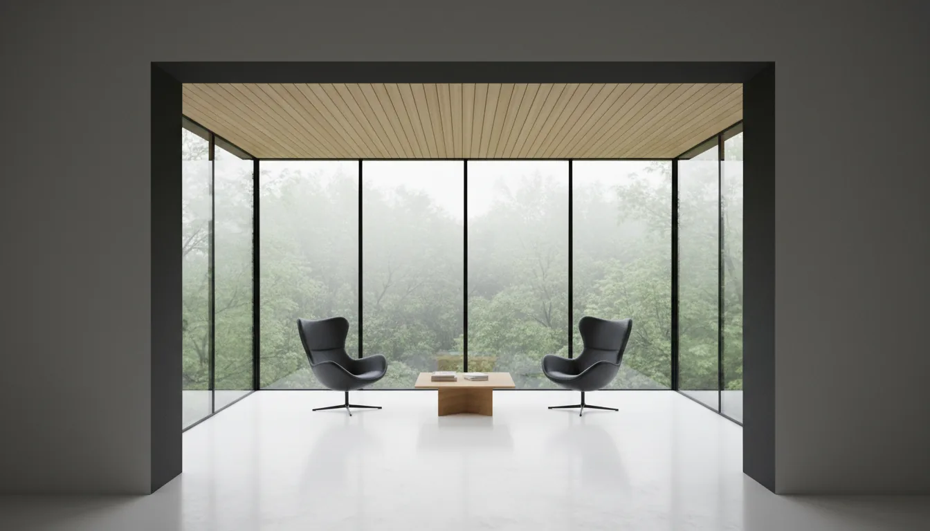 DSLR photography of a minimalist modern sunroom, viewed through a dark architectural opening. The room features floor-to-ceiling glass walls with thin black metal frames looking out onto a dense, lush green forest with a soft, misty haze. The interior has a seamless polished white floor and a light wood-paneled ceiling. In the center, there is a small seating area with two sleek black leather armchairs and a low, minimalist tan coffee table. The scene is illuminated by soft, diffused natural daylight, creating a serene and tranquil atmosphere with clean lines and a sense of depth.