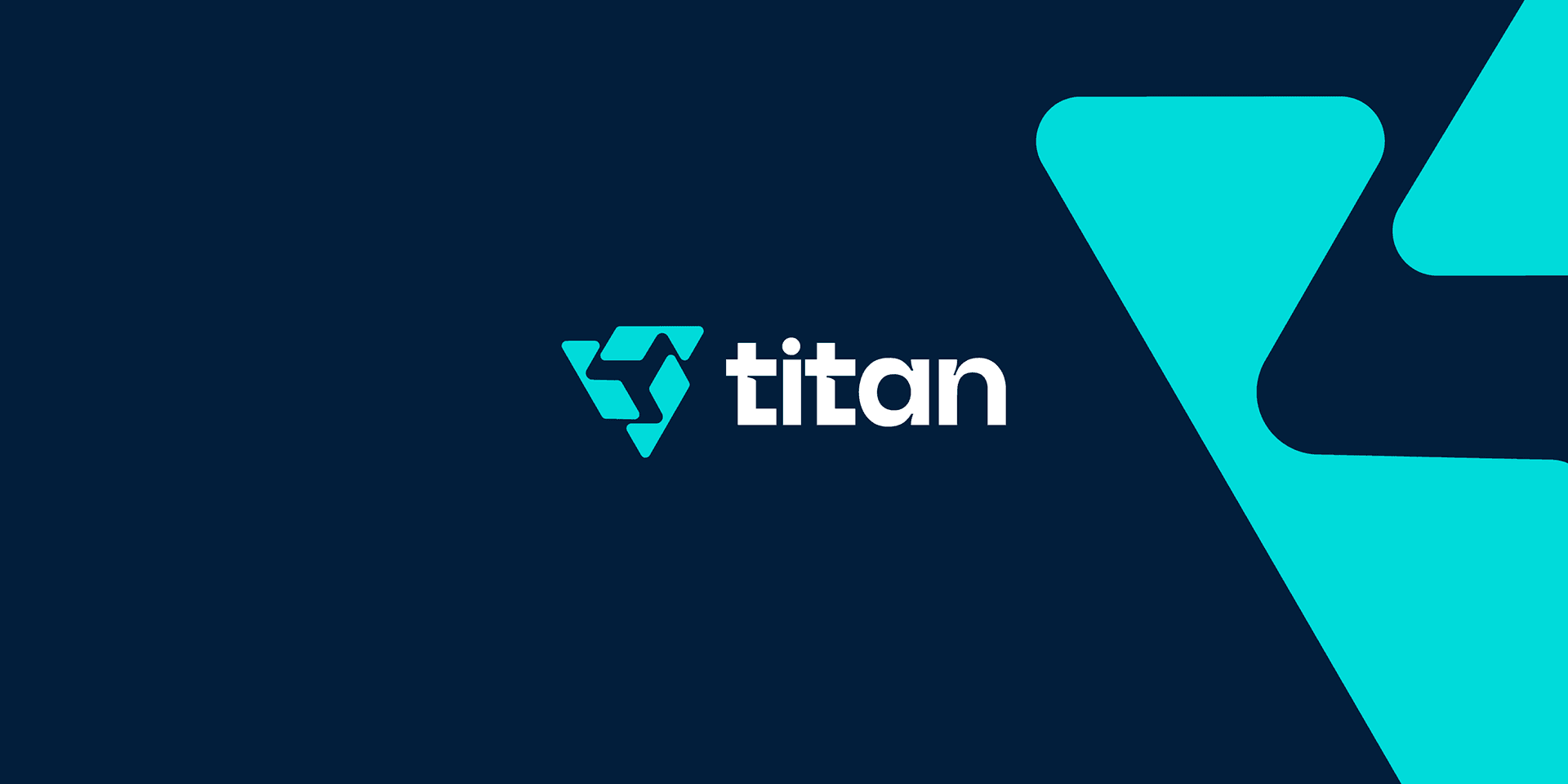 Titan Co. turquoise symbol and white wordmark on navy beside an enlarged geometric brand motif.