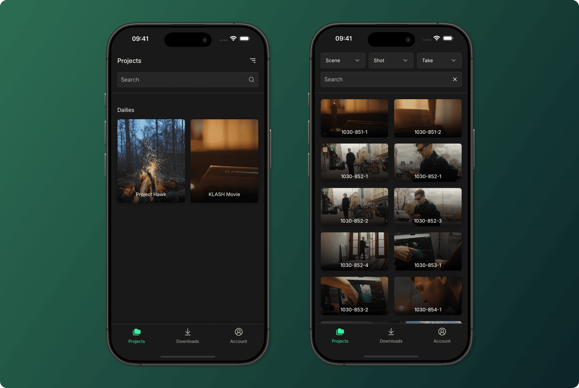 Two Iphones showing projects and files for a Dailies project