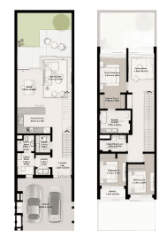 Floor plan illustration of two-level townhouses, showcasing layout and room distribution across both floors.