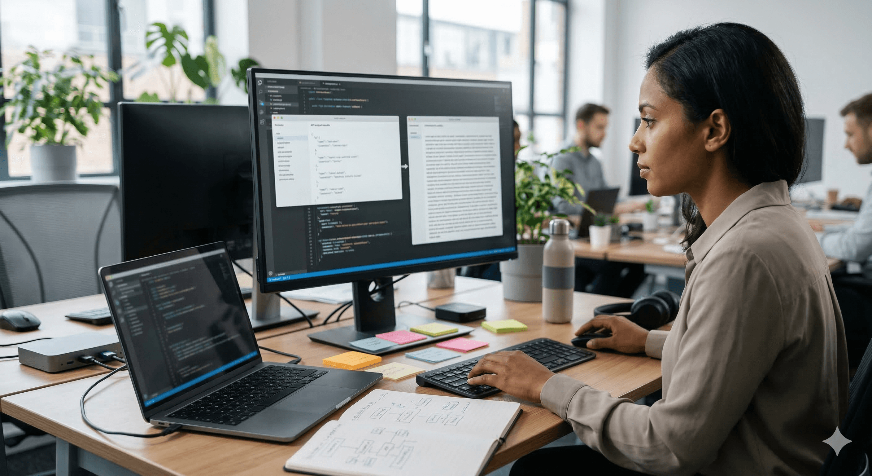 A focused professional works on computer code and documents at a modern office desk, featuring dual monitors, a laptop, and a notebook, surrounded by colleagues, enhancing productivity and collaboration in a tech environment.