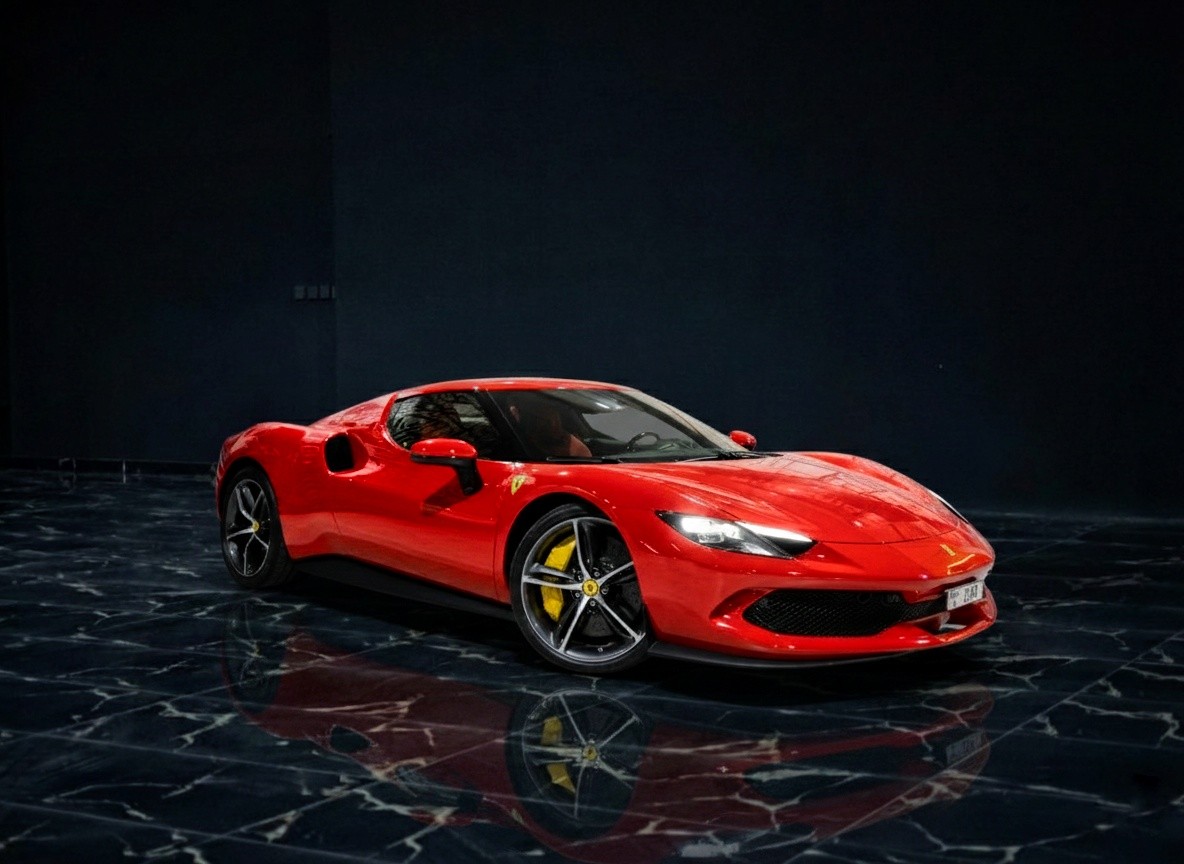 Ferrari 296 GTB red exterior front angle luxury supercar rental in Dubai by Queen of Supercar Rental