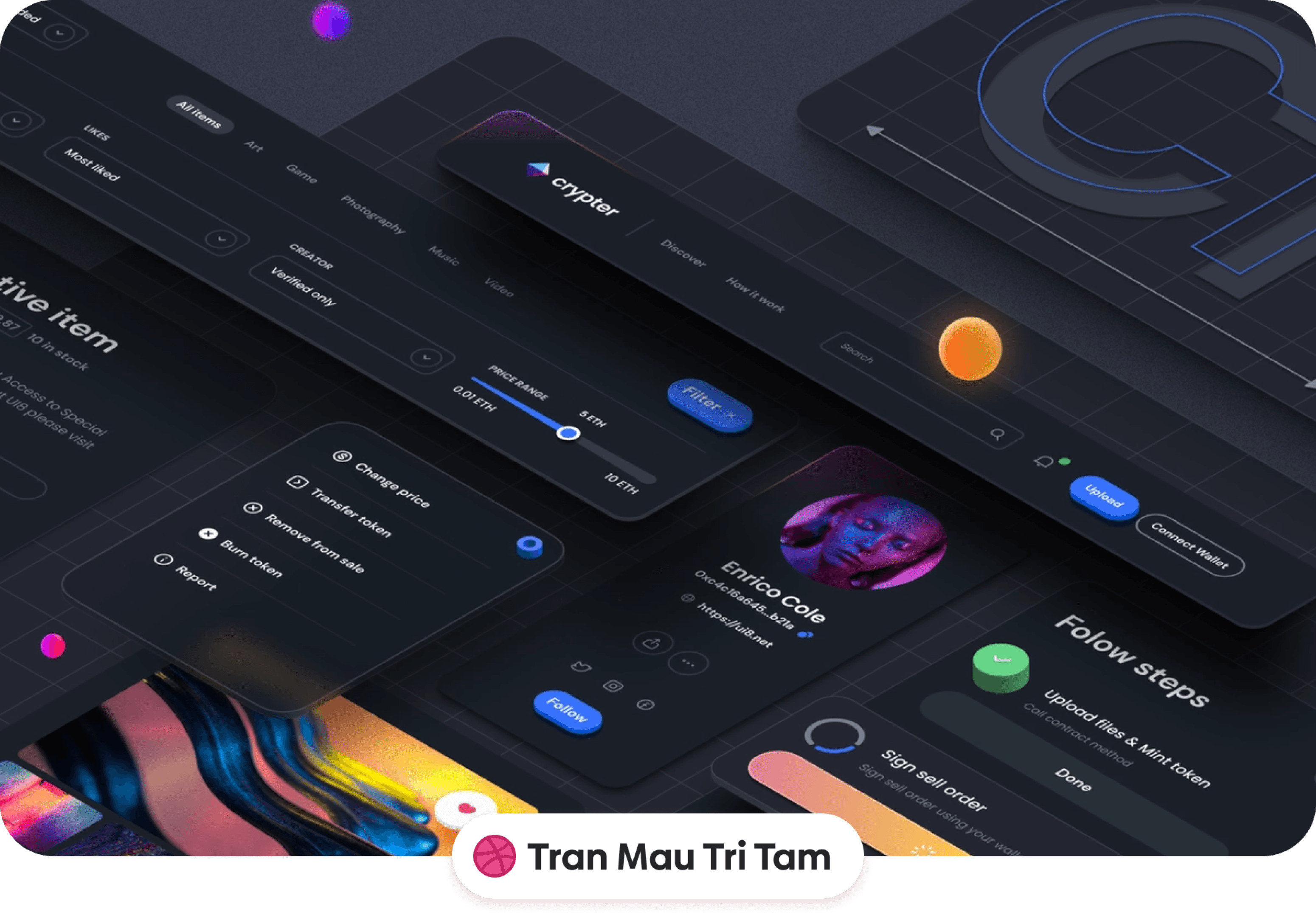 Dark futuristic UI design for an NFT marketplace app, showcasing filtering menus, creator profiles, transaction options, and dashboard elements in a sleek neon style.