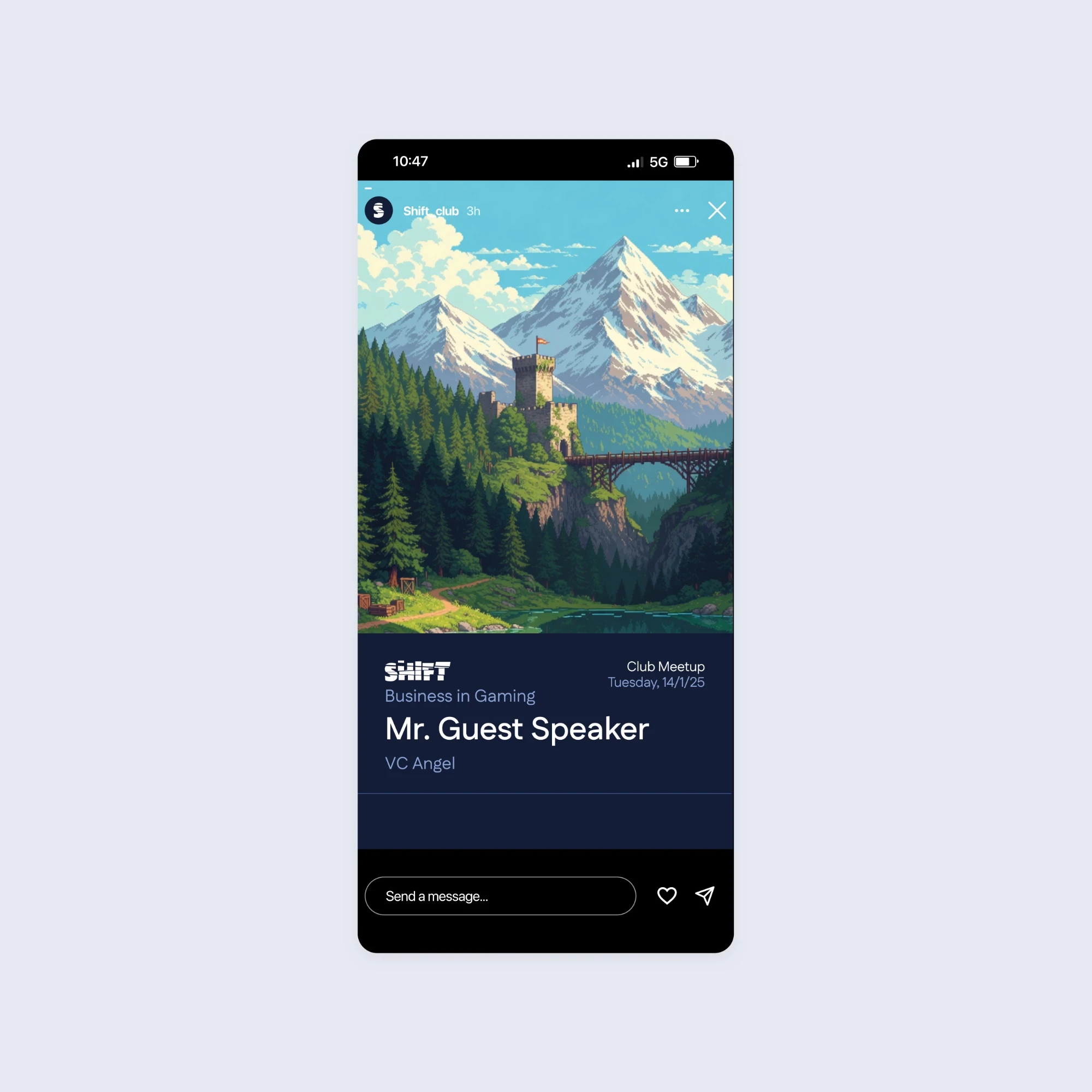 Shift Instagram story for the same meetup, with a pixel-art castle and mountains
