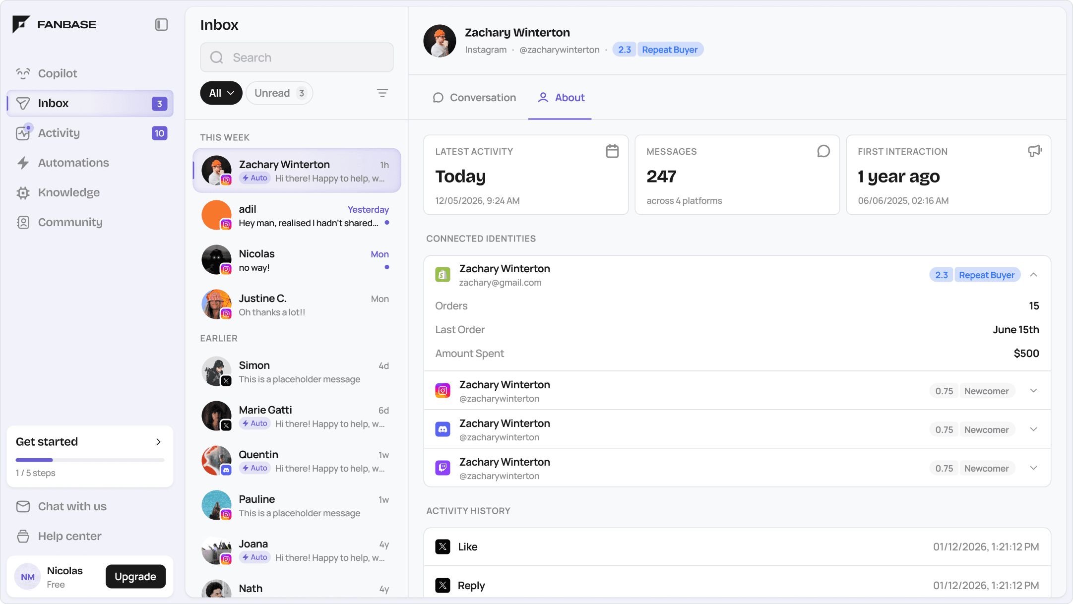 FanBase Copilot fan profile showing connected identities, order history and activity across platforms
