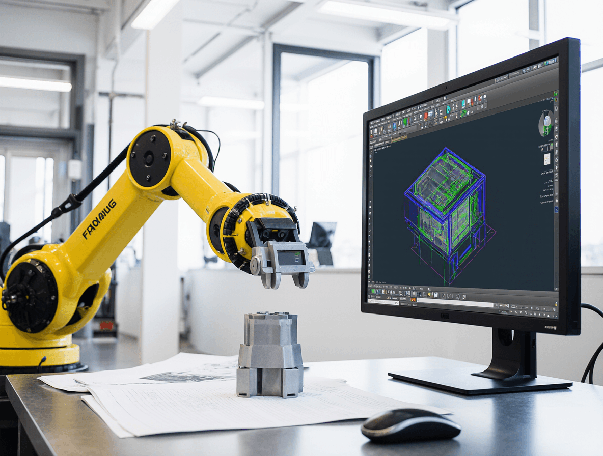 Engineering workstation with robotic arm, CAD modeling software, and metal prototype component