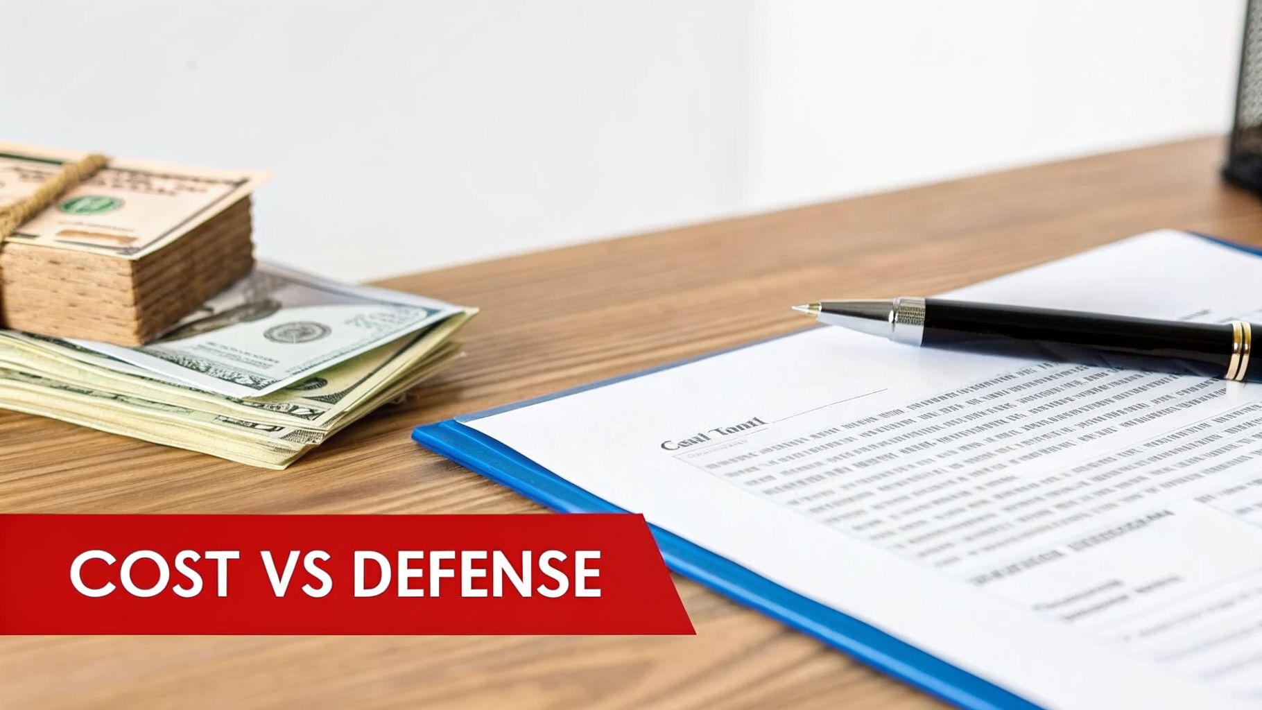 Money stacks, a legal document, and a pen on a desk with a 'COST VS DEFENSE' banner.