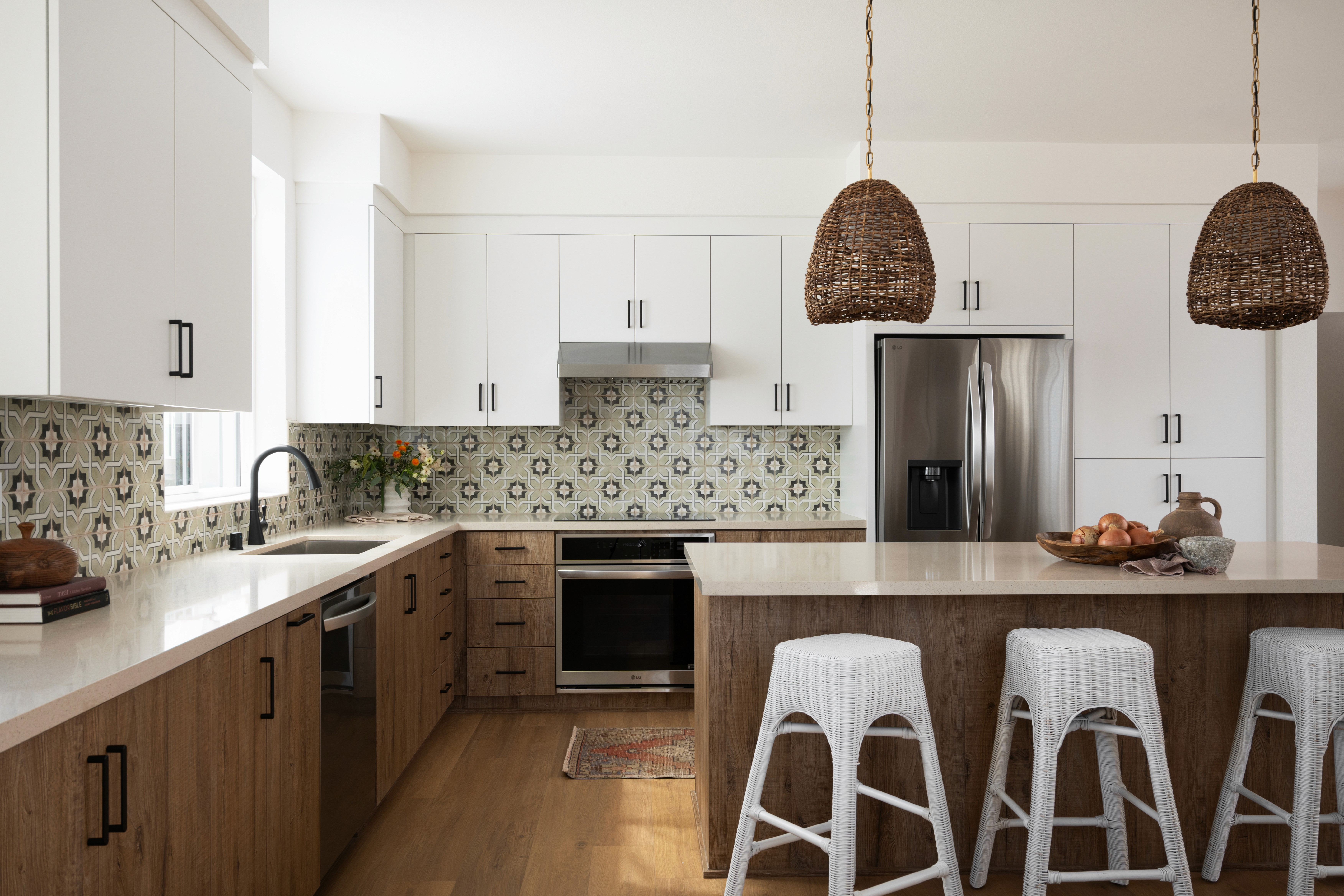 Kitchen and island view with pendant lighting