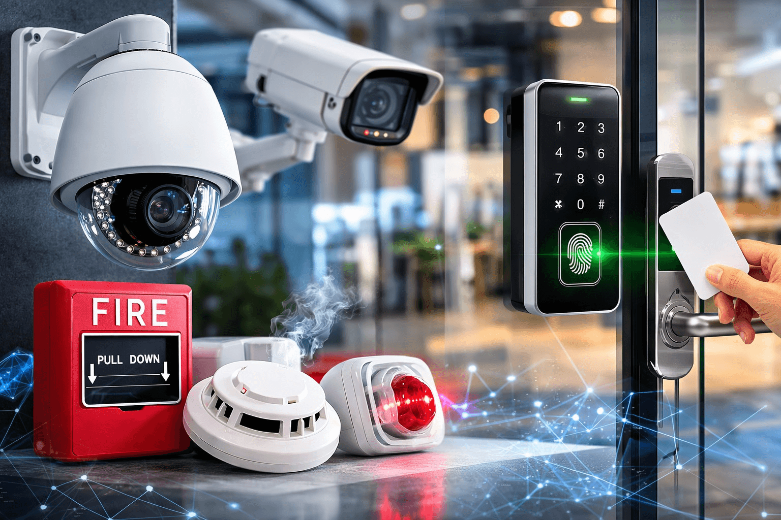 Modern indoor space with large glass doors, lush greenery, and a cozy seating area visible beyond.