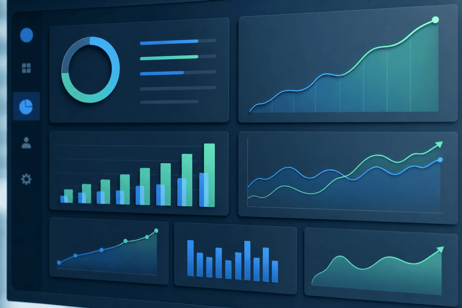 A clean, modern dashboard or analytics interface showing training metrics and performance data. Display abstract data visualizations including progress charts, behavioral metrics graphs, completion vs application comparison bars, and retention trend lines. Use a professional color palette with blues, greens, and grays. Show upward trending lines and positive performance indicators. Corporate style with clean lines, minimalist design, and depth. No text, words, numbers, or labels visible.