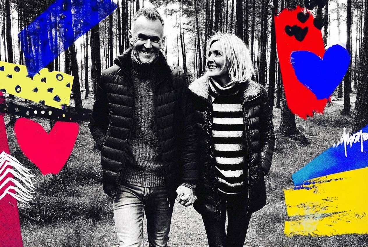 Dansk par går en tur i skoven hånd i hånd dybt forelskede