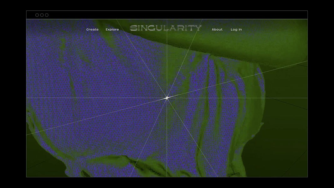 A screenshot displays a digital visualization titled "SINGULARITY" at the top center. The visualization shows a grid of intersecting white lines against a background of blue-purple gridded patterns. A white dot is centered on the grid. Navigation buttons labeled "Create," "Explore," "About," and "Log In" are positioned along the top edge. The background is dark green, and the title is white.