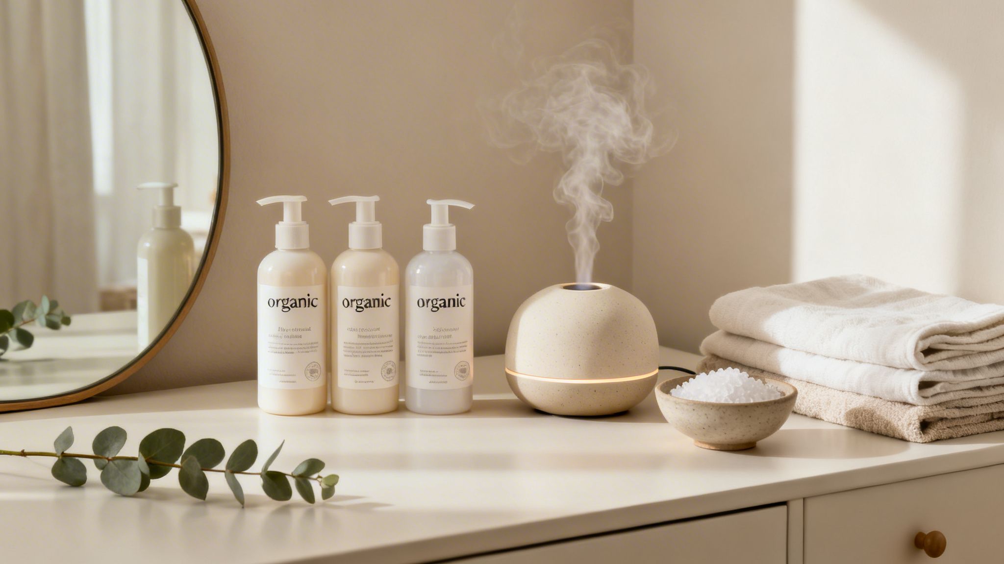 A serene bathroom counter featuring organic lotions, an essential oil diffuser, bath salts, and neatly folded towels.