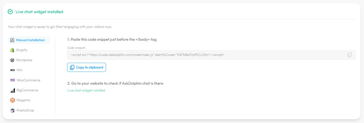 AskDolphin installation screen showing manual code snippet, copy button, and platform options like Shopify, WordPress, and Wix.