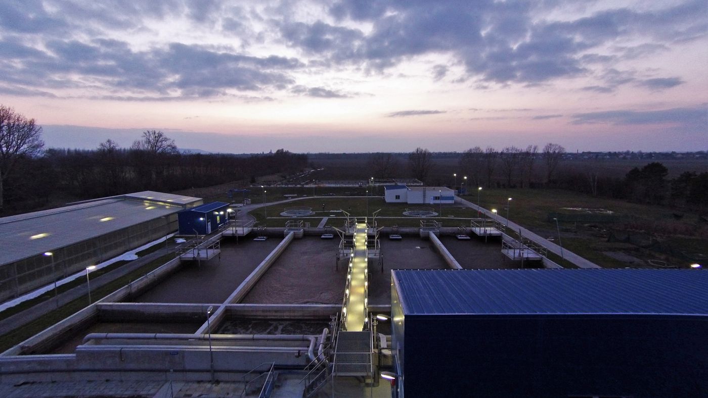 CYCLATOR SBR basins at dusk at the Tolna municipal wastewater treatment plant, Hungary