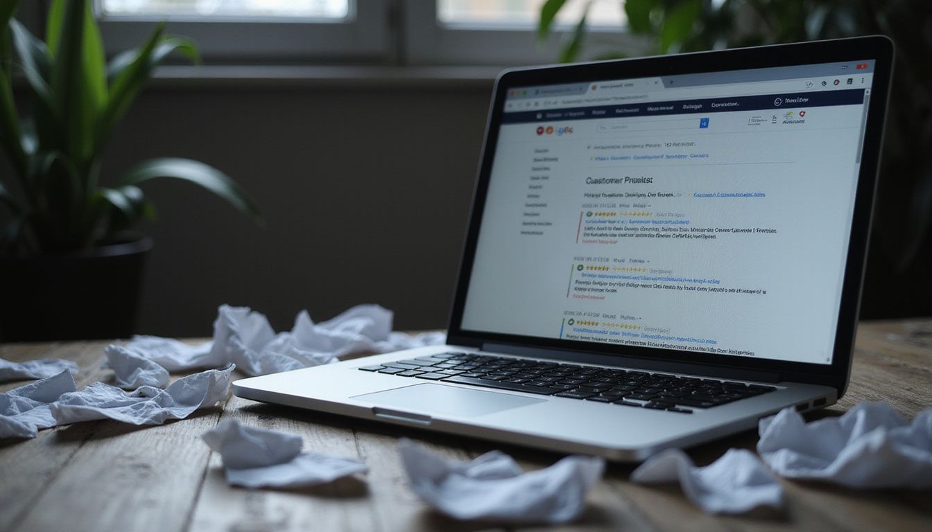 A silver laptop displays customer reviews on a worn wooden desk.