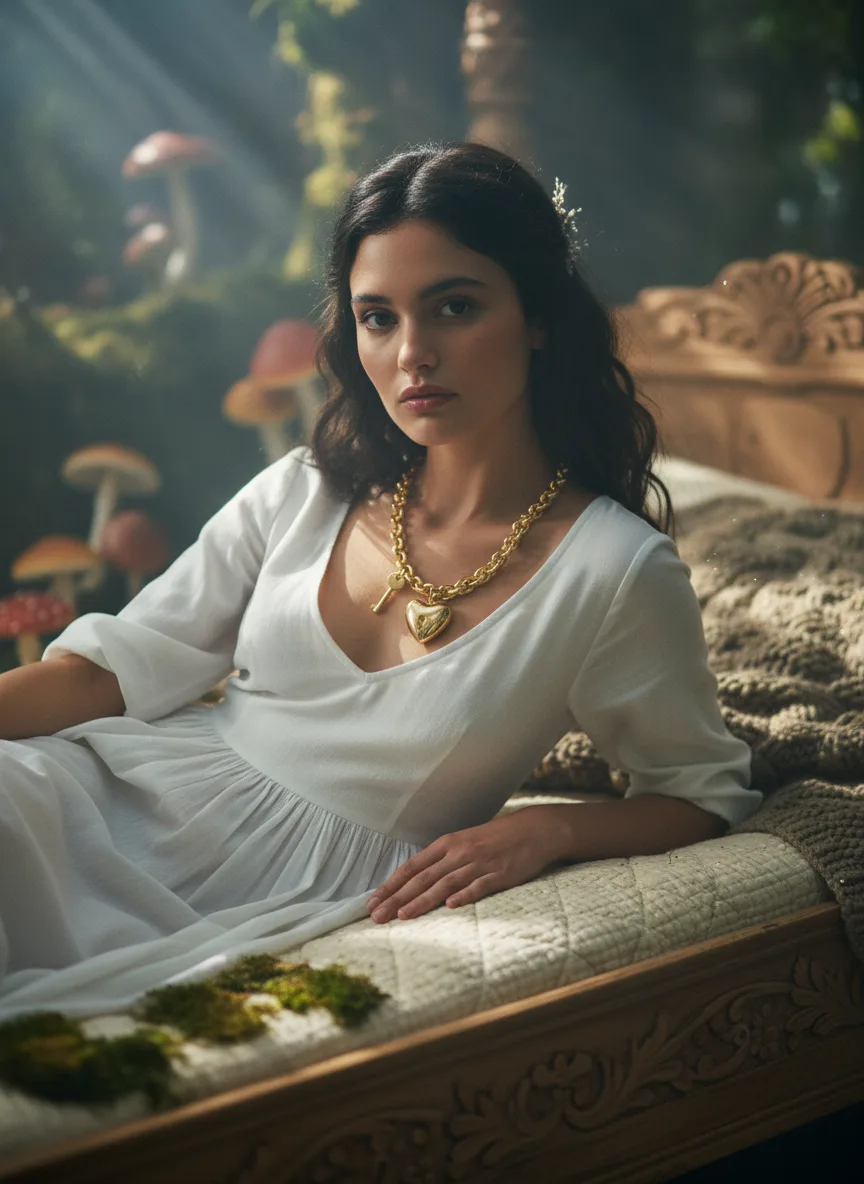 scene4-ai product photography-jewelry necklace campaign creation-featuring a high fashion model in a fairytale setting-2