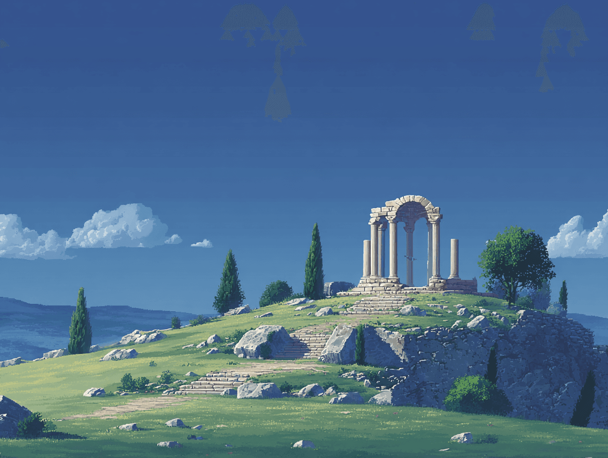 Pixel art of ancient ruin on hill.