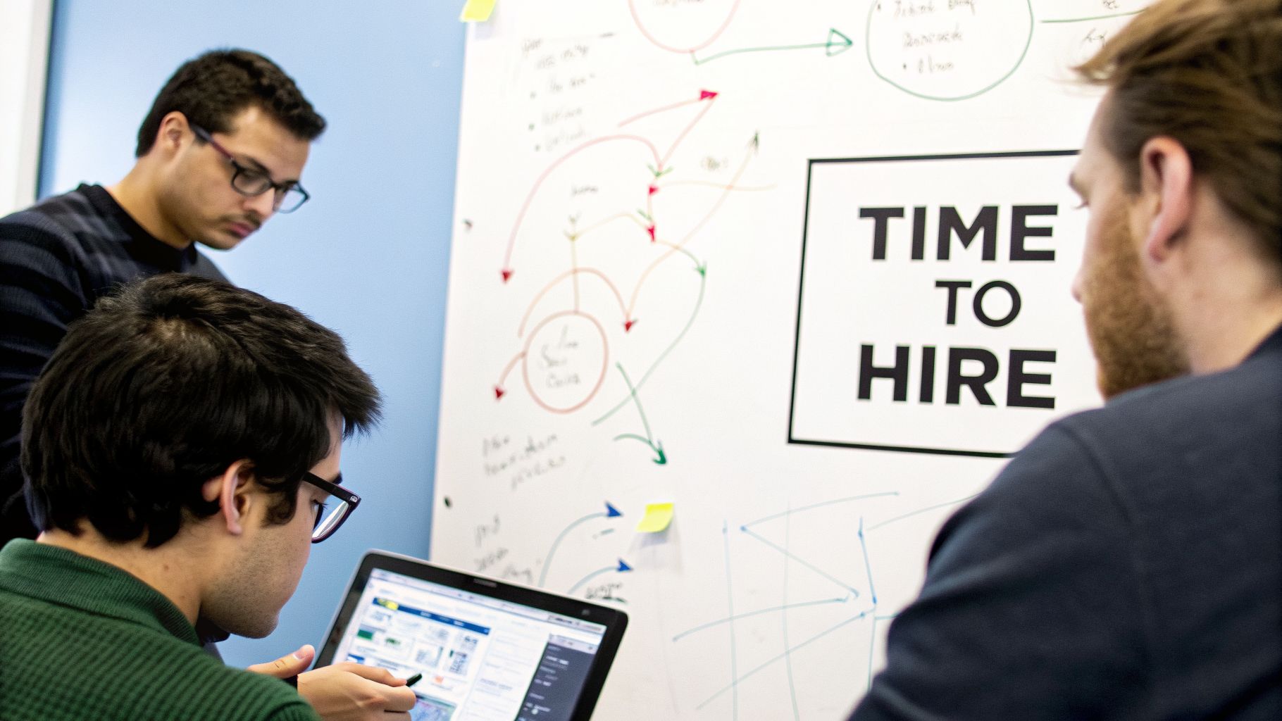 Three men collaborate in an office, one working on a laptop, with a 'TIME TO HIRE' whiteboard visible.