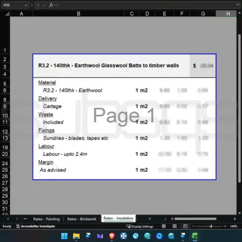 Screenshot of Microsoft Excel workbook showing first principle rate calculations for insulation trade by SubsQS Ltd