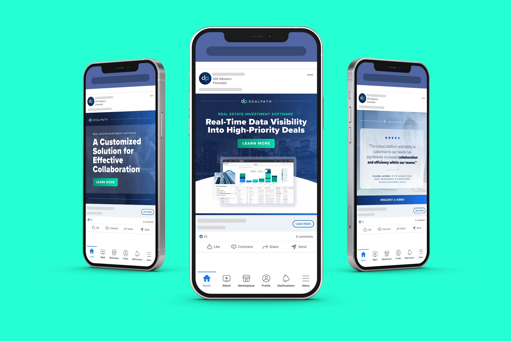 Three phones showing dealpath linkedin static assets