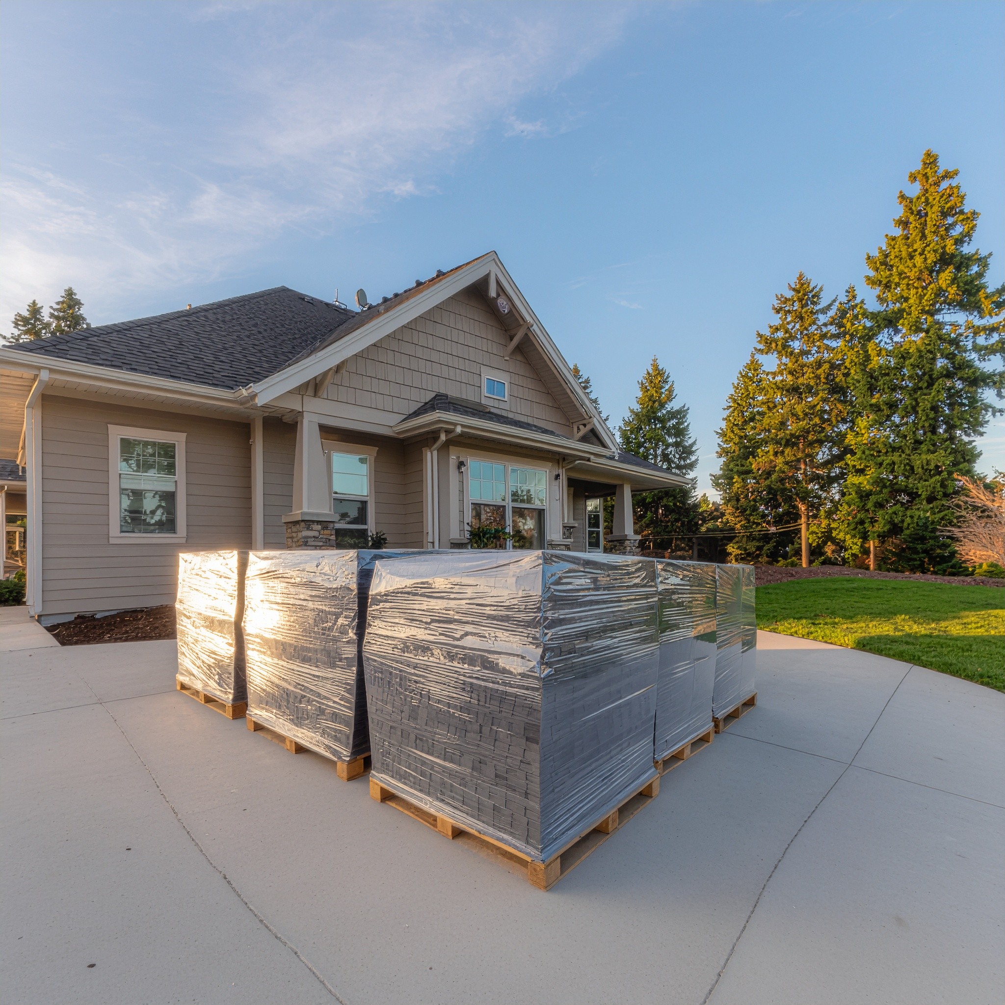 Stack of roofing shingles on pallets in driveway of craftsman home in Southern Oregon