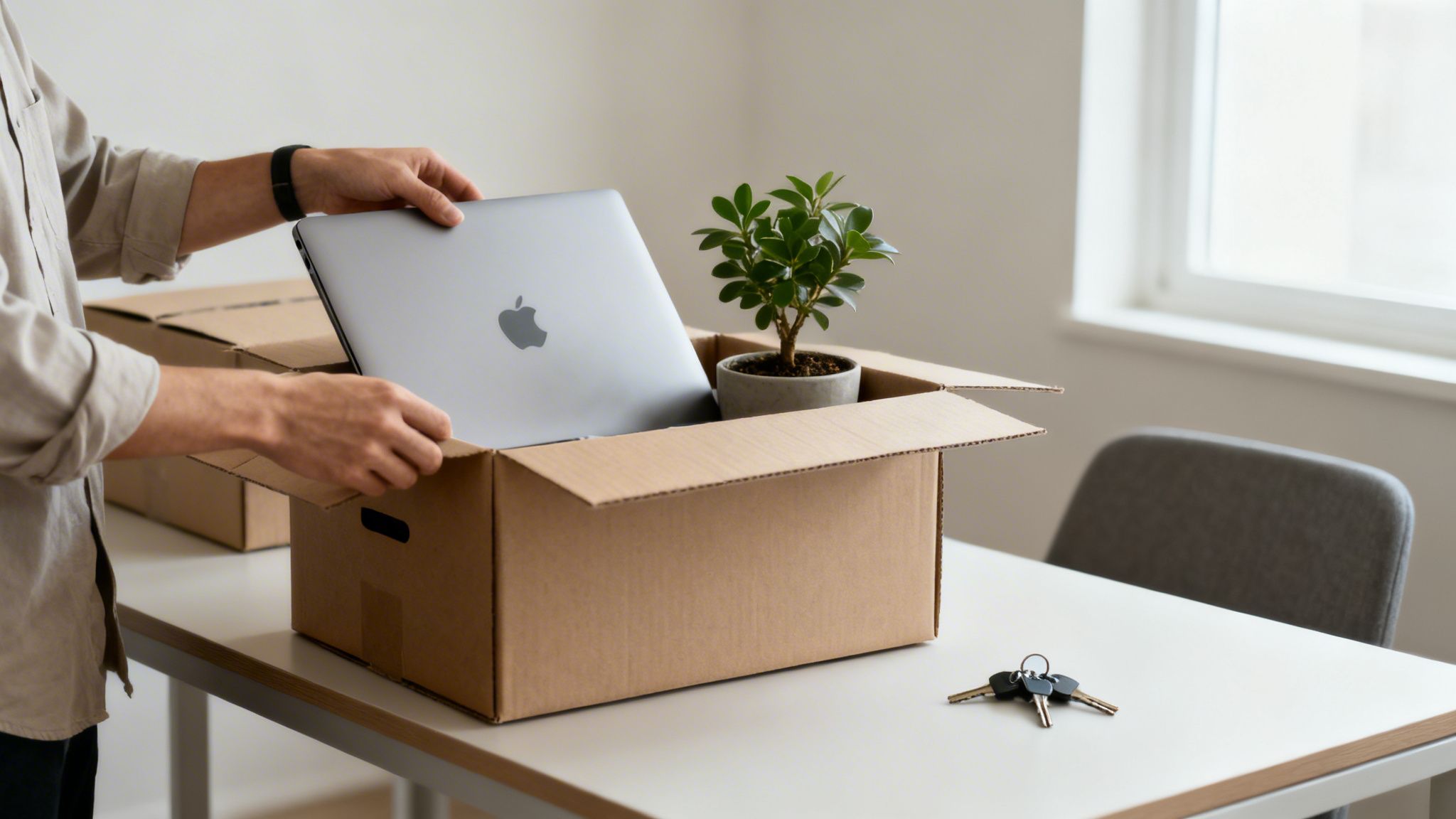 Person packar en laptop och en grön växt i en flyttkartong på ett vitt skrivbord.