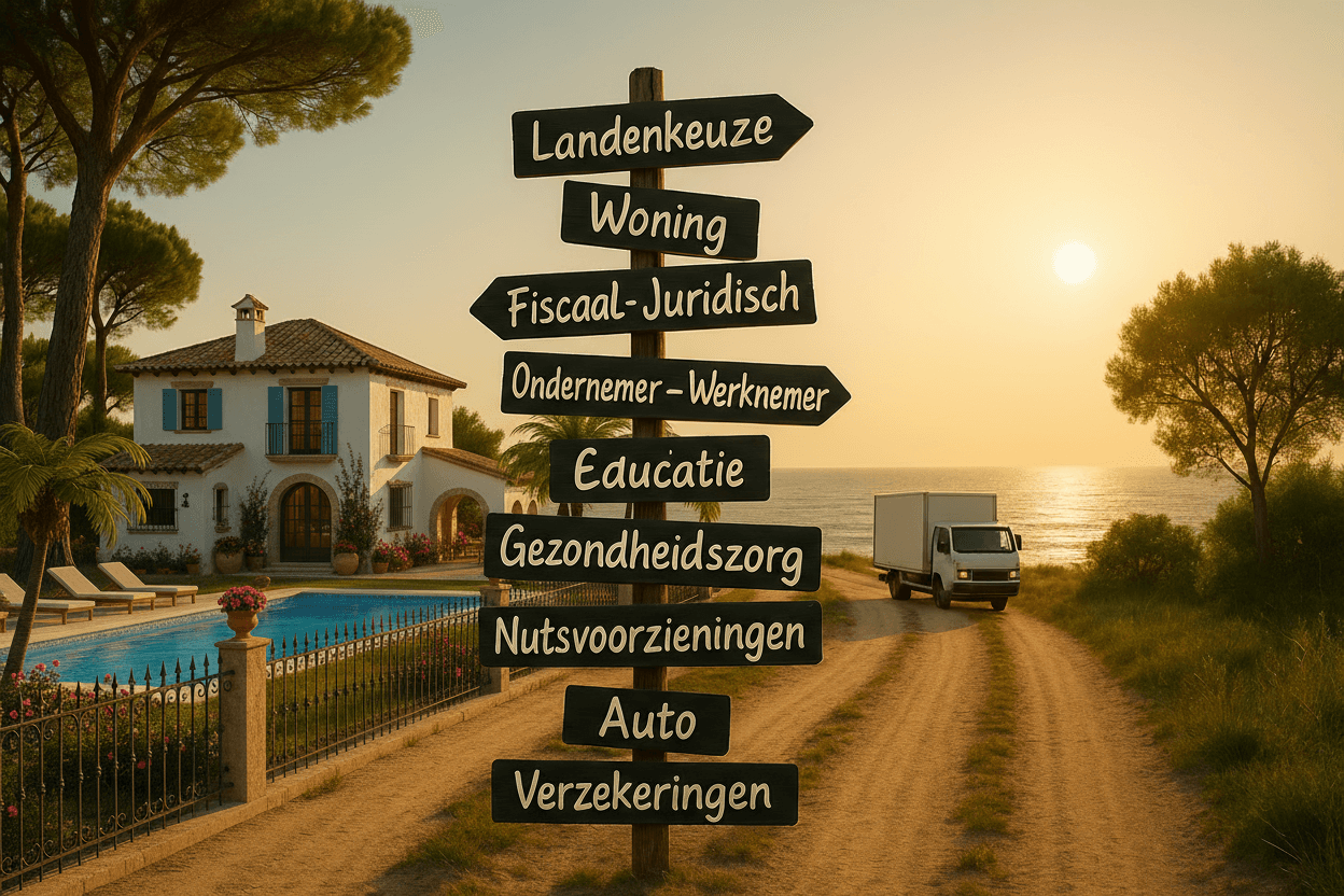 Stappenplan emigratie: visuele routekaart met stappen zoals landkeuze, woning, fiscaal-juridisch, onderwijs, gezondheidszorg en verzekeringen, met villa en verhuiswagen tot verhuizen.