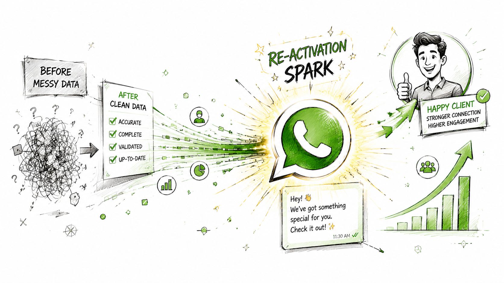 Een illustratie die laat zien hoe rommelige gegevens veranderen in geoptimaliseerde WhatsApp-berichten voor klantbetrokkenheid.
