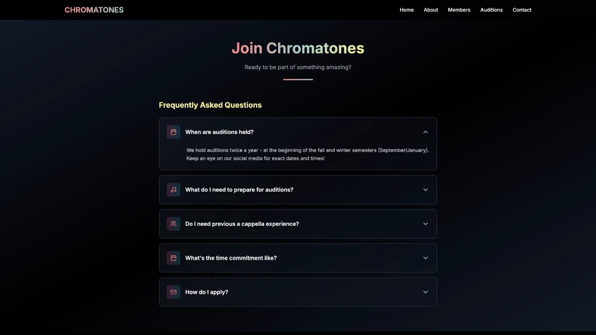 Chromatones Website - Auditions Page Screenshot