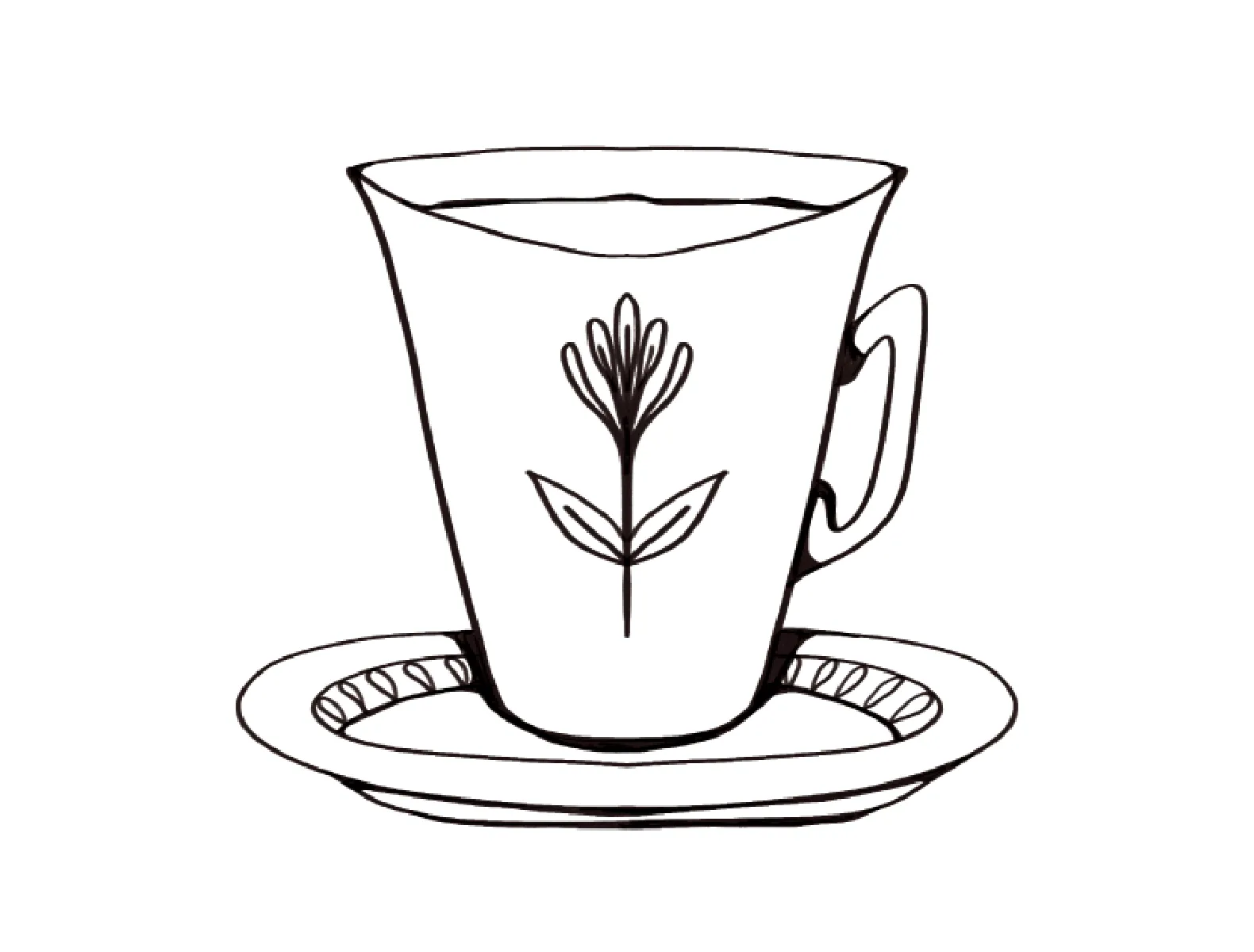 The black and white outline of a tall teacup with a flower on it. 