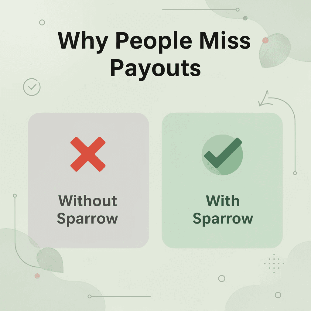Before and after comparison showing barriers to claiming settlements versus Sparrow removing them