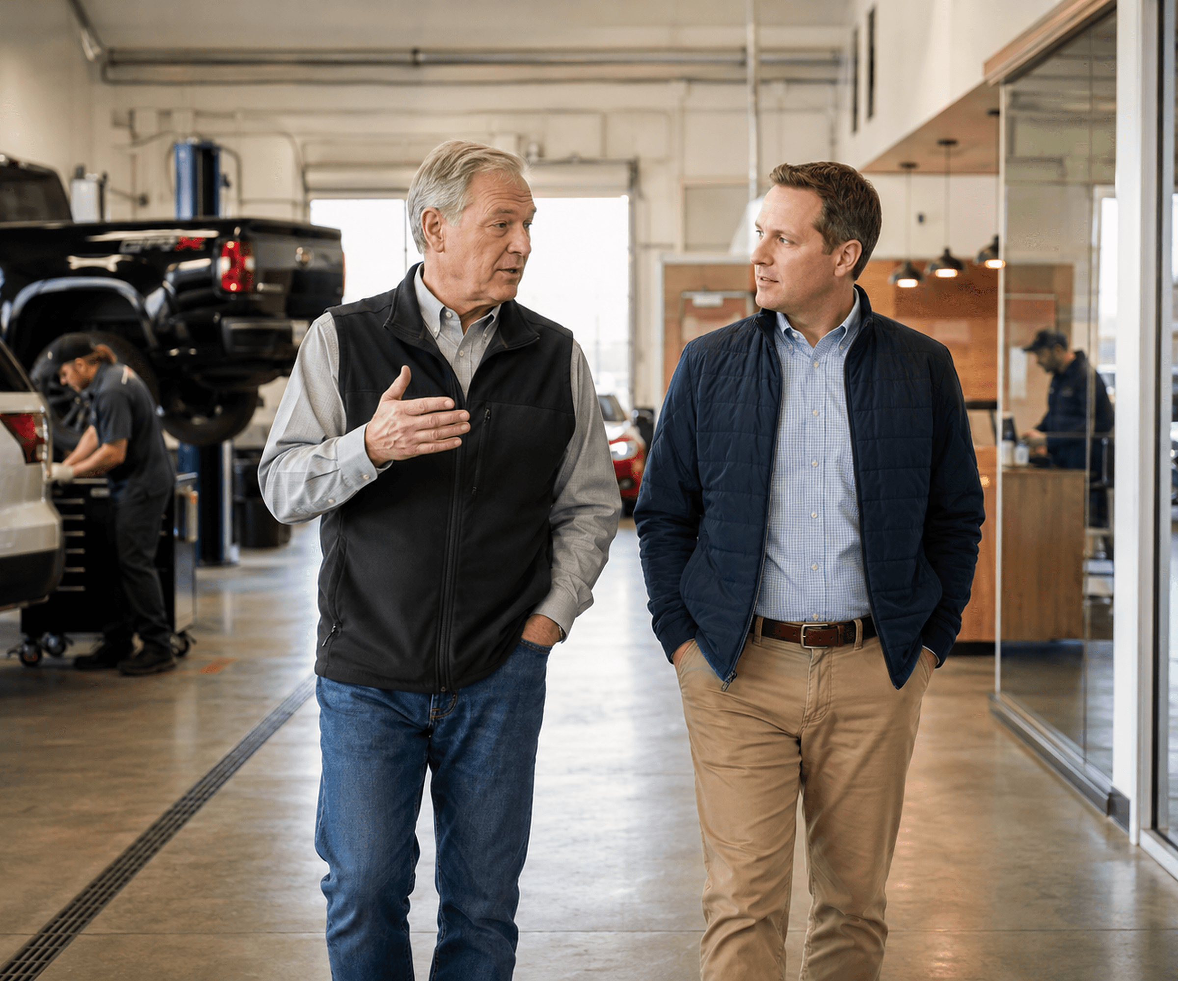 An experienced dealership owner explains operations while walking through an active service garage with a visitor.
